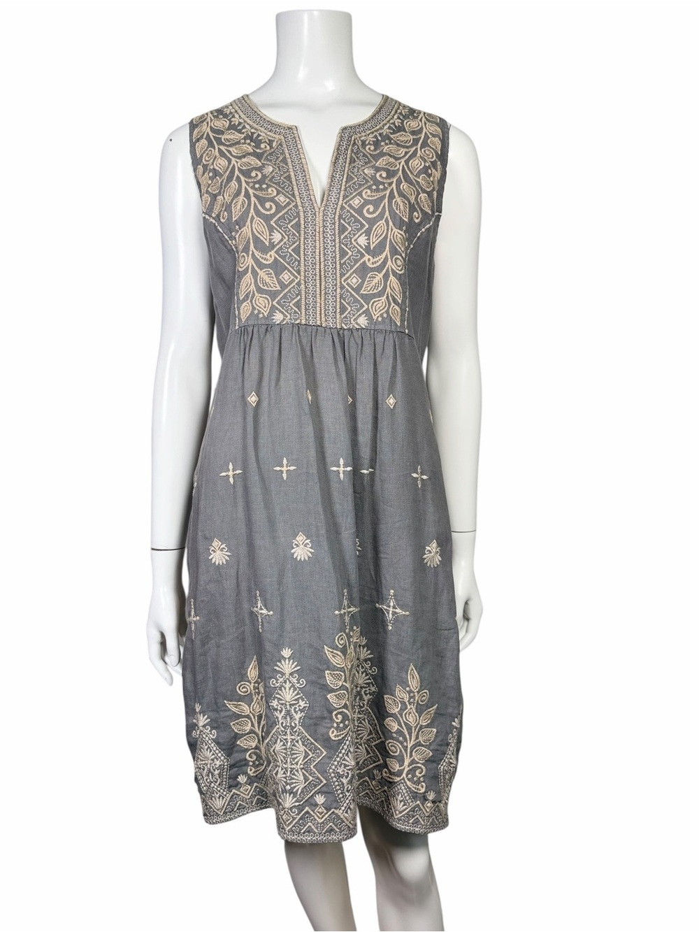 Johnny Was LA Tasya Embroidered Linen Shift Dress Gray Boho XS